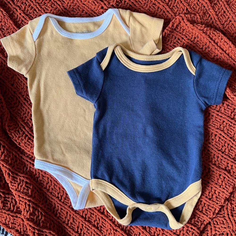 Plain onesies - navy & yellow is new 0-3M - yellow and white used 3-6M